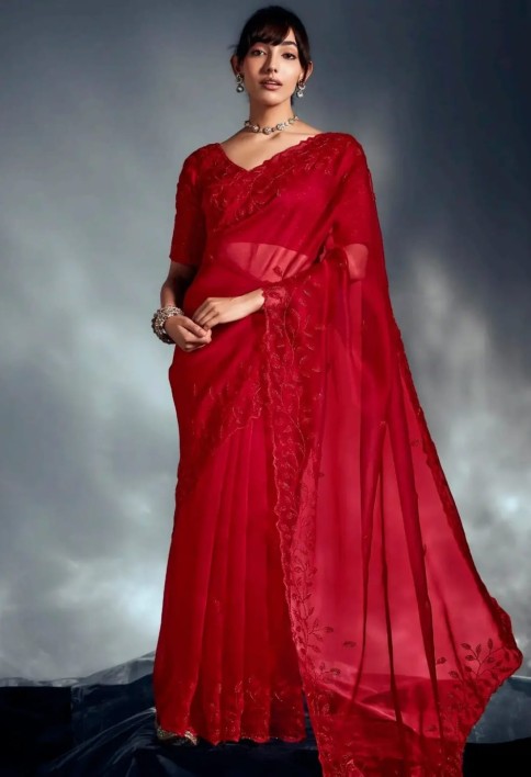 Monochrome Red Cutdana Work Organza Bridal Wear Saree With Blouse