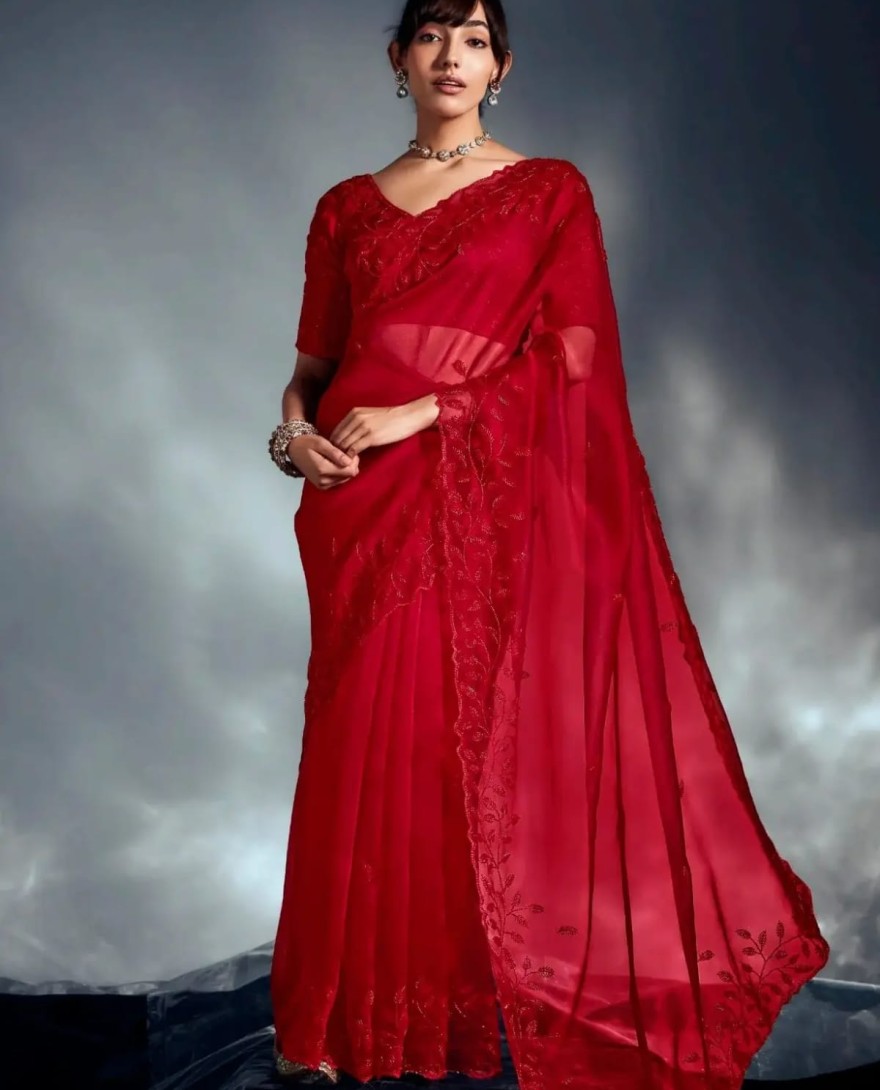 RED - Monochrome Red Cutdana Work Organza Bridal Wear Saree With Blouse
