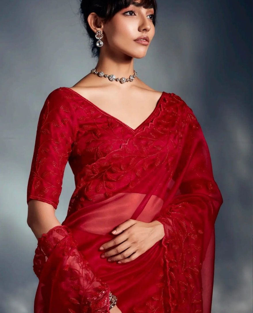 RED - Monochrome Red Cutdana Work Organza Bridal Wear Saree With Blouse