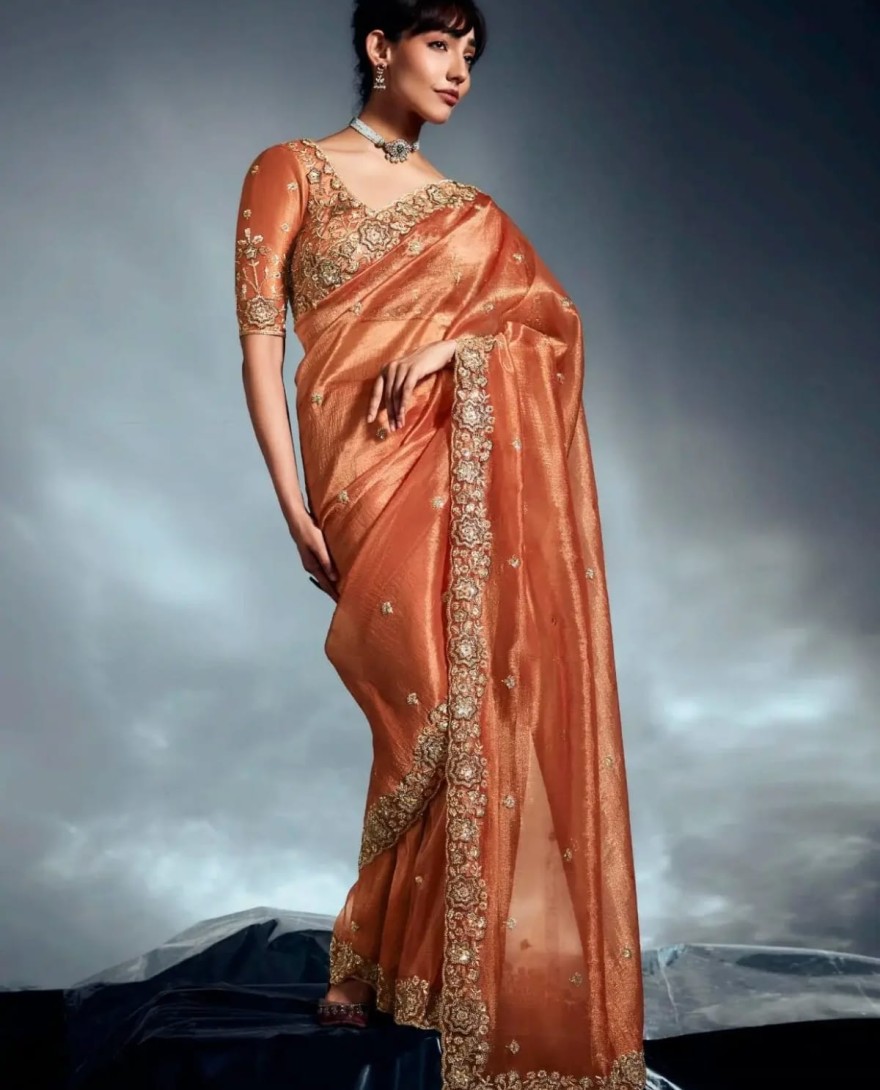 ORANGE - Significant Orange Khatli Work Organza Party Wear Saree With Blouse