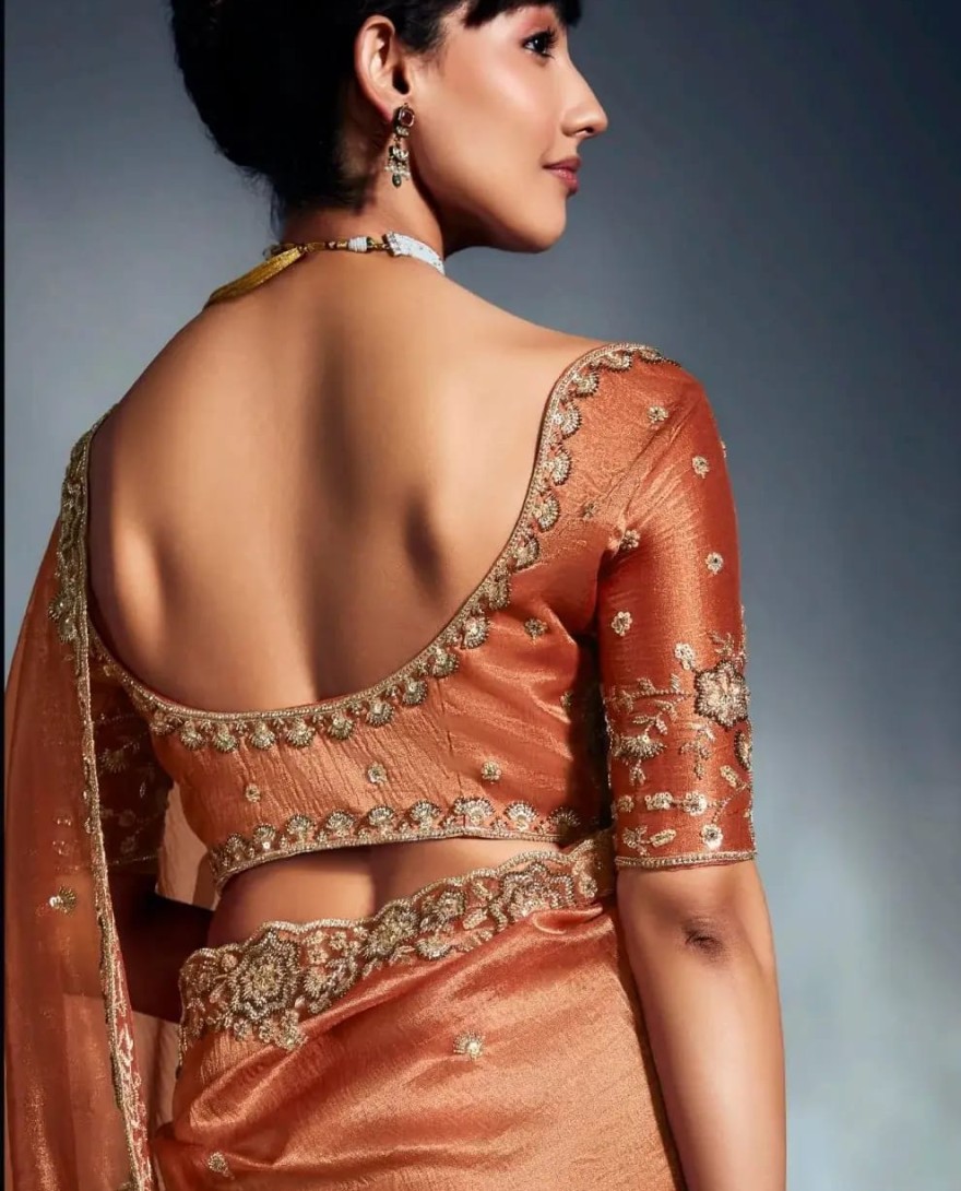 ORANGE - Significant Orange Khatli Work Organza Party Wear Saree With Blouse