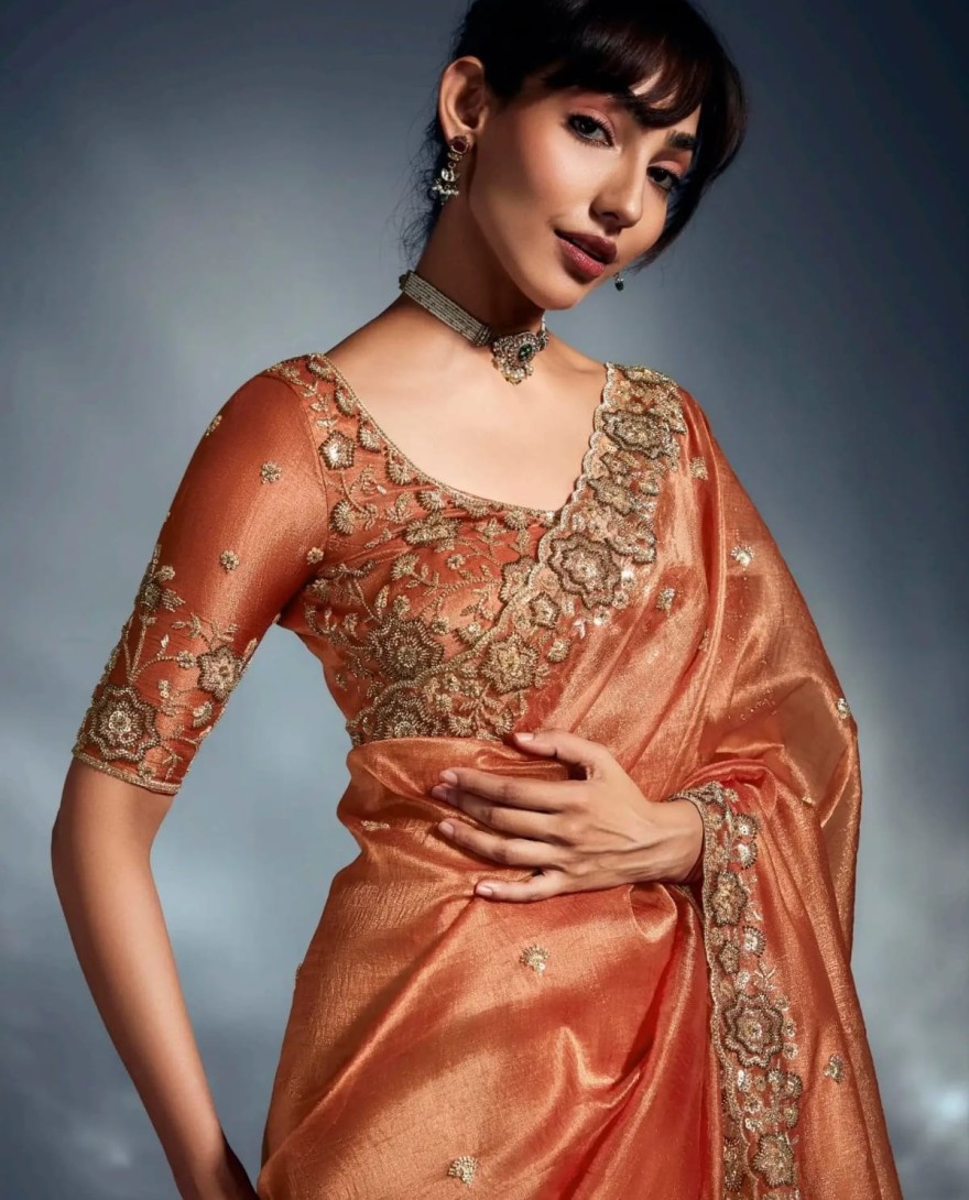 ORANGE - Significant Orange Khatli Work Organza Party Wear Saree With Blouse