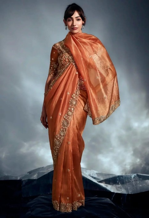 Significant Orange Khatli Work Organza Party Wear Saree With Blouse