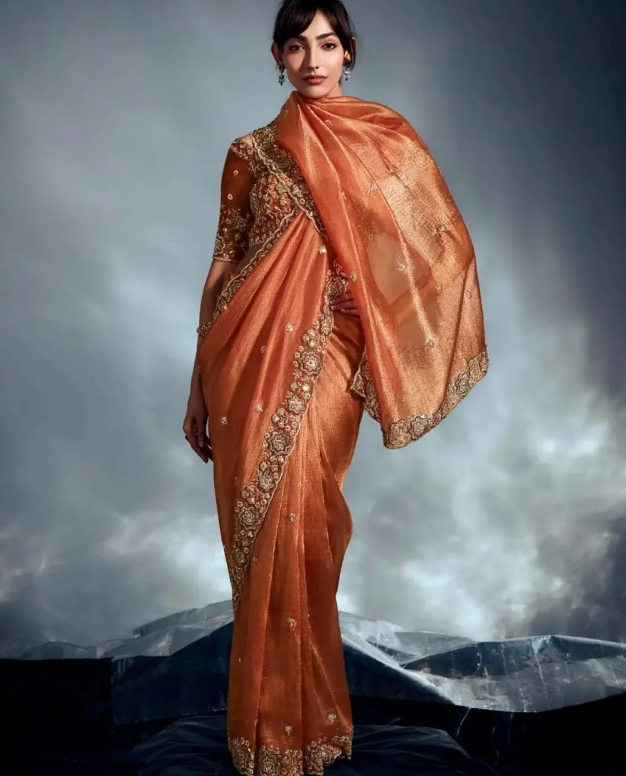 ORANGE - Significant Orange Khatli Work Organza Party Wear Saree With Blouse