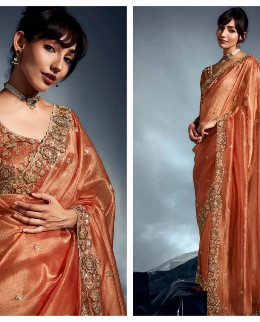 ORANGE - Significant Orange Khatli Work Organza Party Wear Saree With Blouse