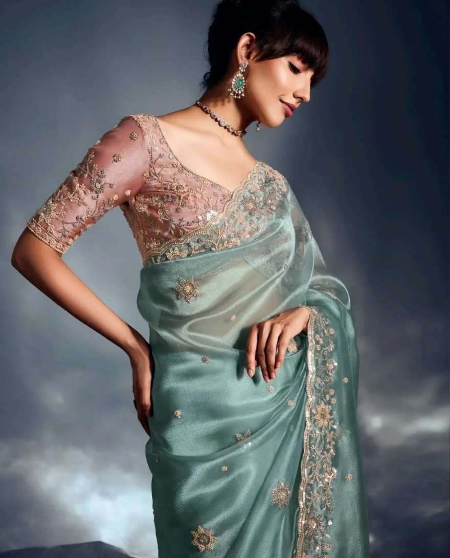 SEAGREEN - Outstanding Sea Green Khatli Embroidered Organza Party Wear Saree