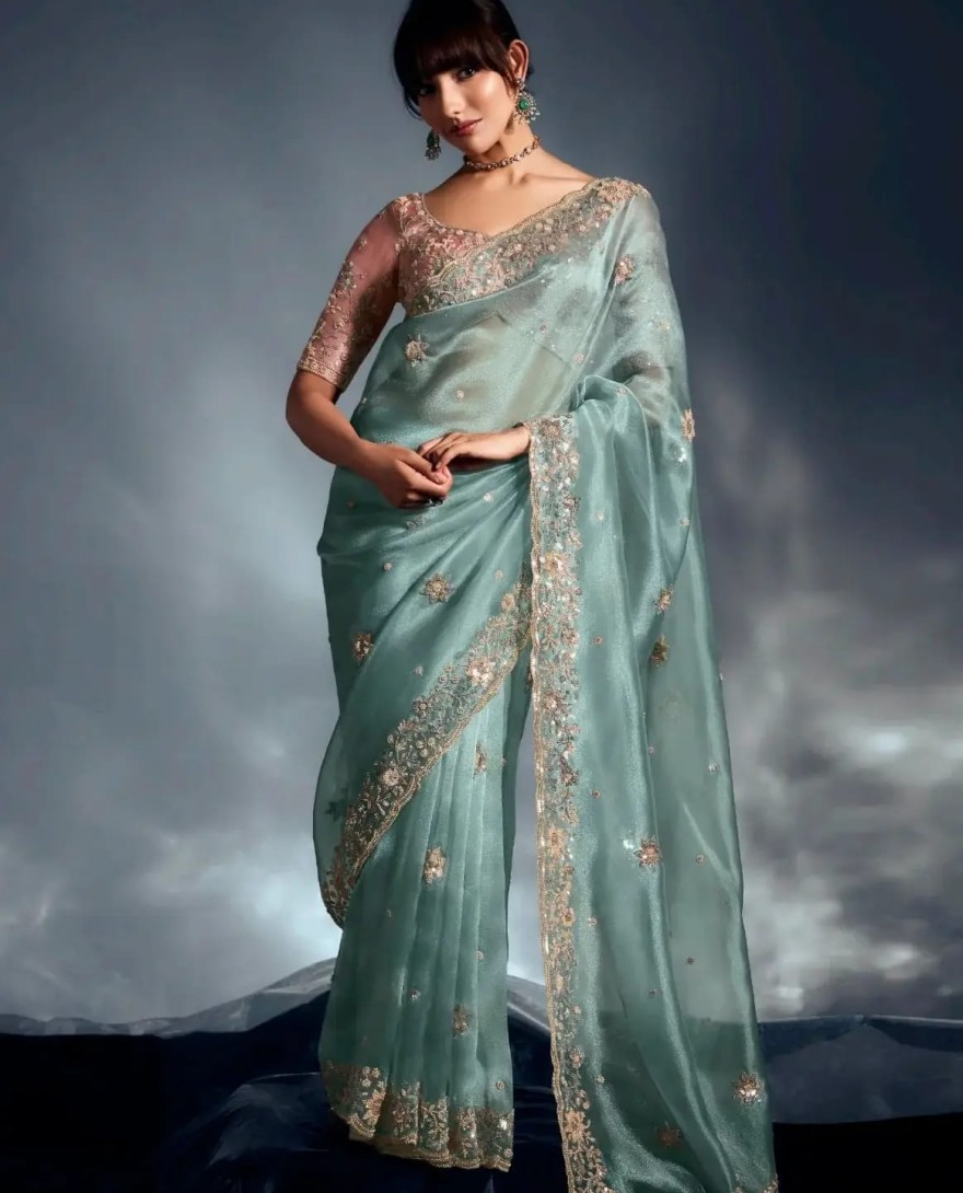SEAGREEN - Outstanding Sea Green Khatli Embroidered Organza Party Wear Saree
