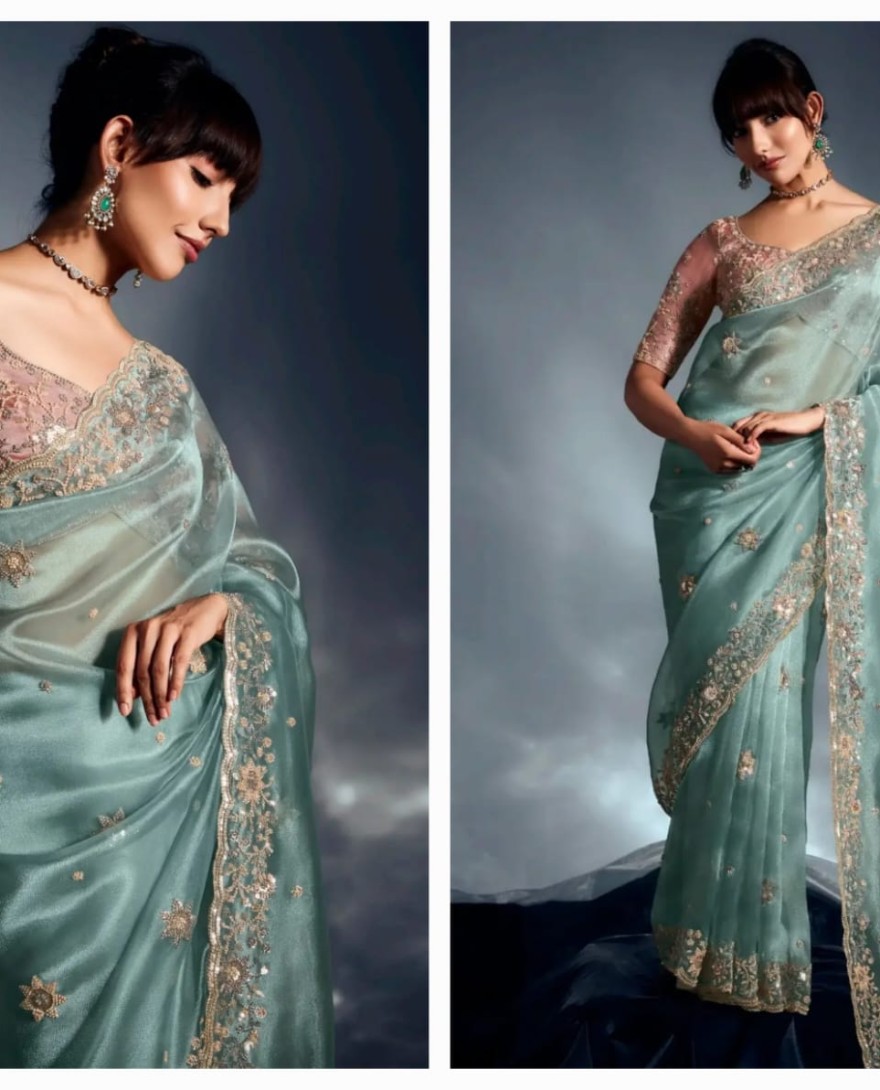SEAGREEN - Outstanding Sea Green Khatli Embroidered Organza Party Wear Saree