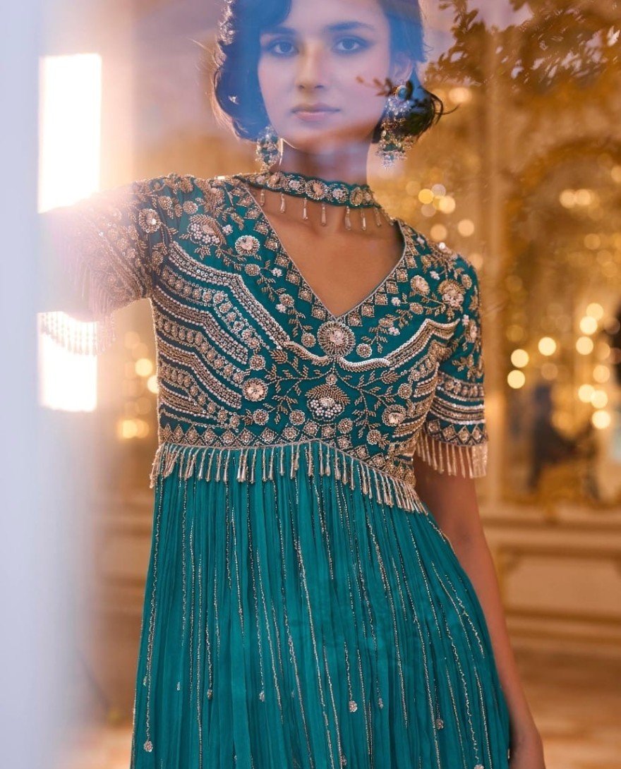 BLUE - Beads, Embroidered, Sequins and Zari Work Chinon Readymade Salwar Suit In Aqua Blue