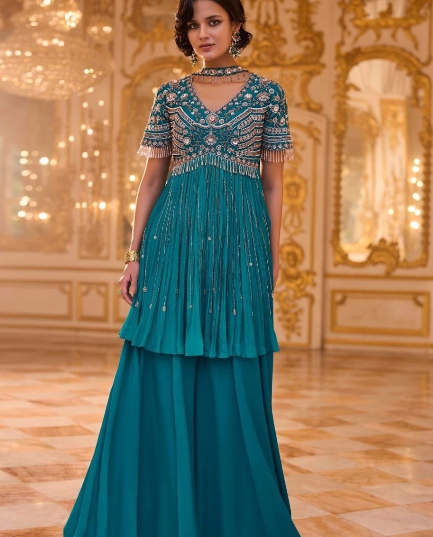 BLUE - Beads, Embroidered, Sequins and Zari Work Chinon Readymade Salwar Suit In Aqua Blue