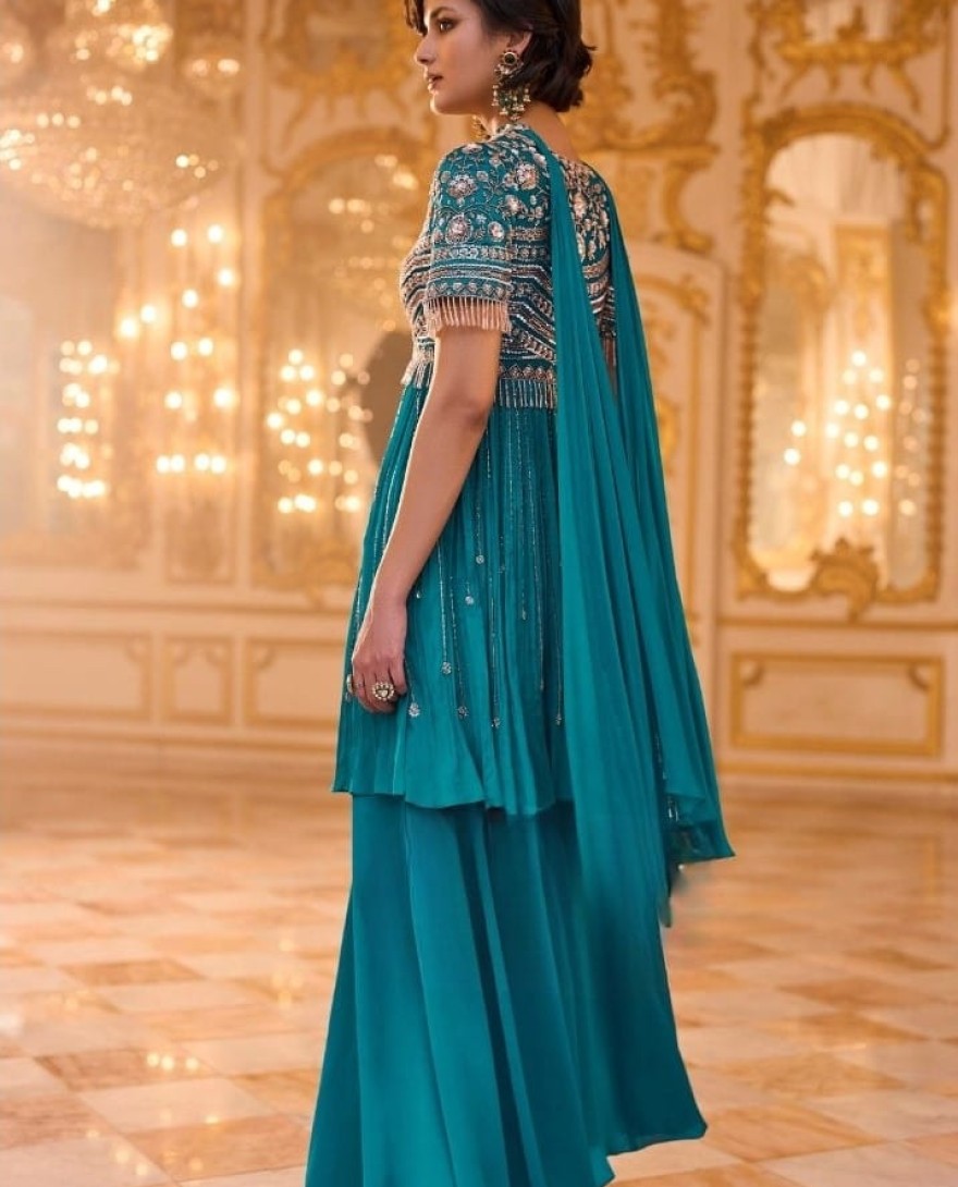 BLUE - Beads, Embroidered, Sequins and Zari Work Chinon Readymade Salwar Suit In Aqua Blue