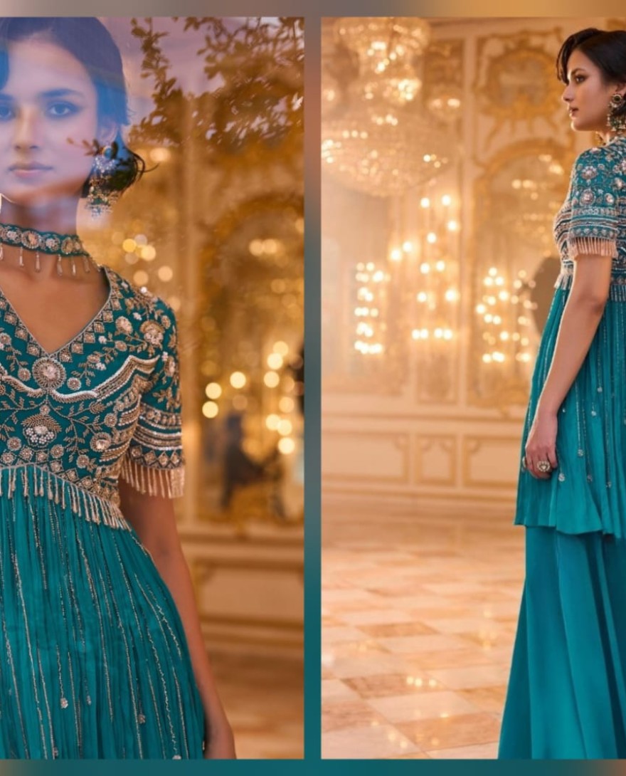 BLUE - Beads, Embroidered, Sequins and Zari Work Chinon Readymade Salwar Suit In Aqua Blue