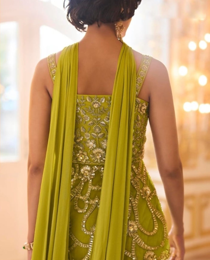 GREEN - Green Georgette Beads, Embroidered and Sequins Work Palazzo Salwar Suit for Ceremonial