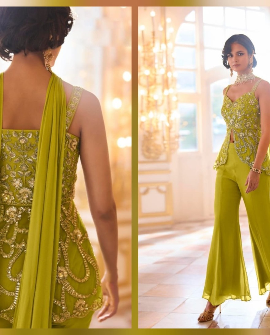 GREEN - Green Georgette Beads, Embroidered and Sequins Work Palazzo Salwar Suit for Ceremonial