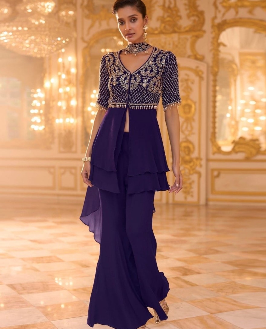 PURPLE - Purple Georgette Embroidered, Sequins and Zari Work Palazzo Salwar Suit for Ceremonial