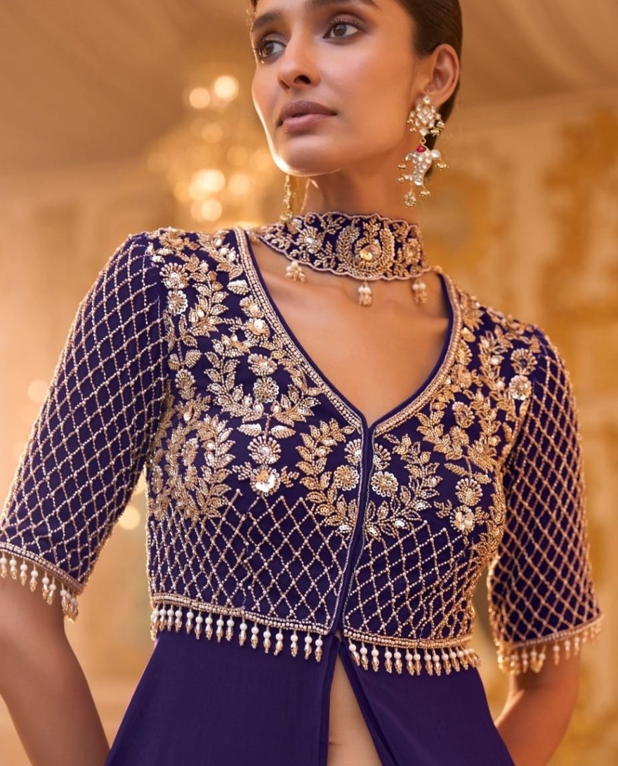 PURPLE - Purple Georgette Embroidered, Sequins and Zari Work Palazzo Salwar Suit for Ceremonial