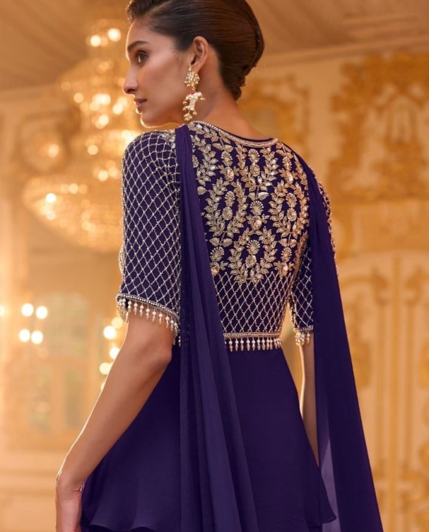 PURPLE - Purple Georgette Embroidered, Sequins and Zari Work Palazzo Salwar Suit for Ceremonial