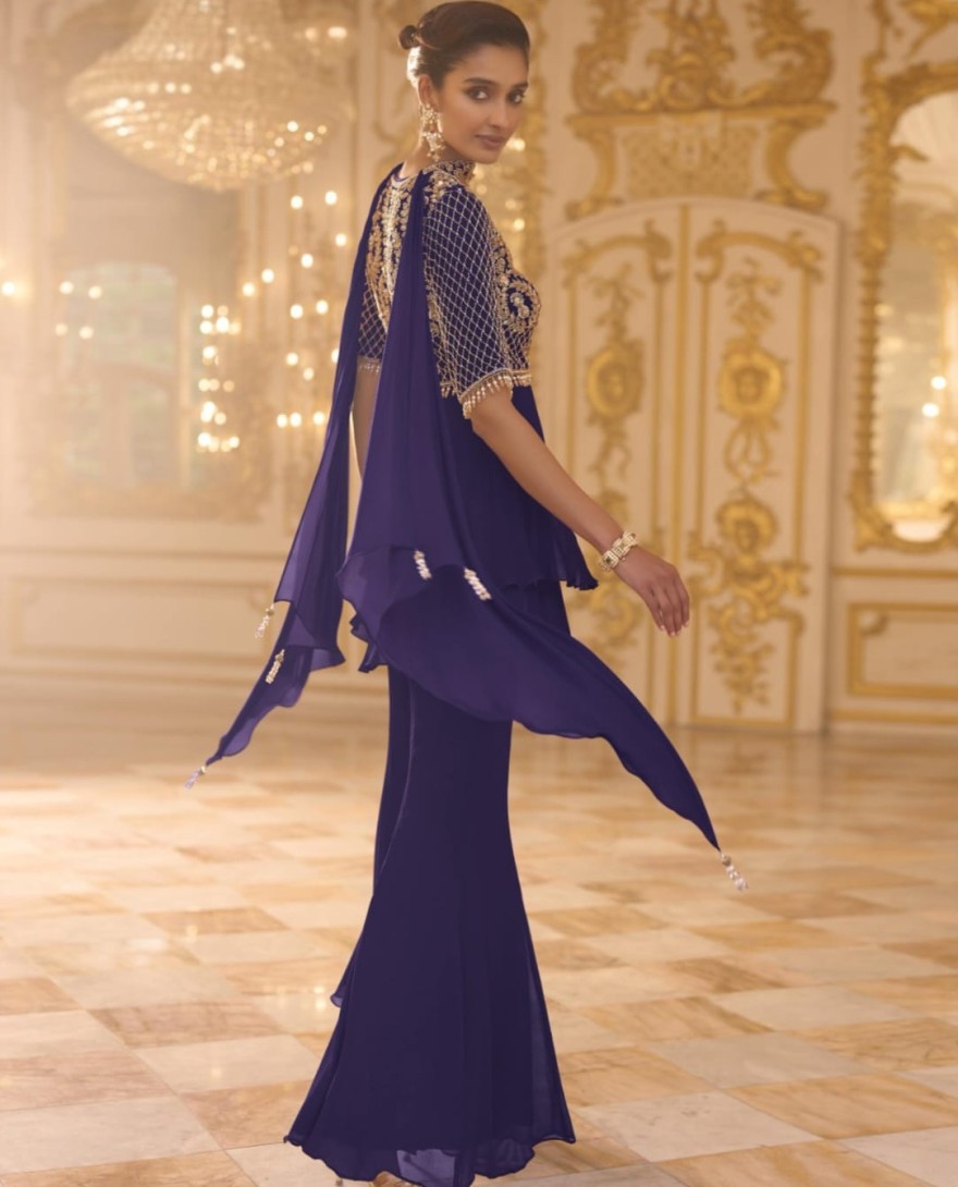 PURPLE - Purple Georgette Embroidered, Sequins and Zari Work Palazzo Salwar Suit for Ceremonial