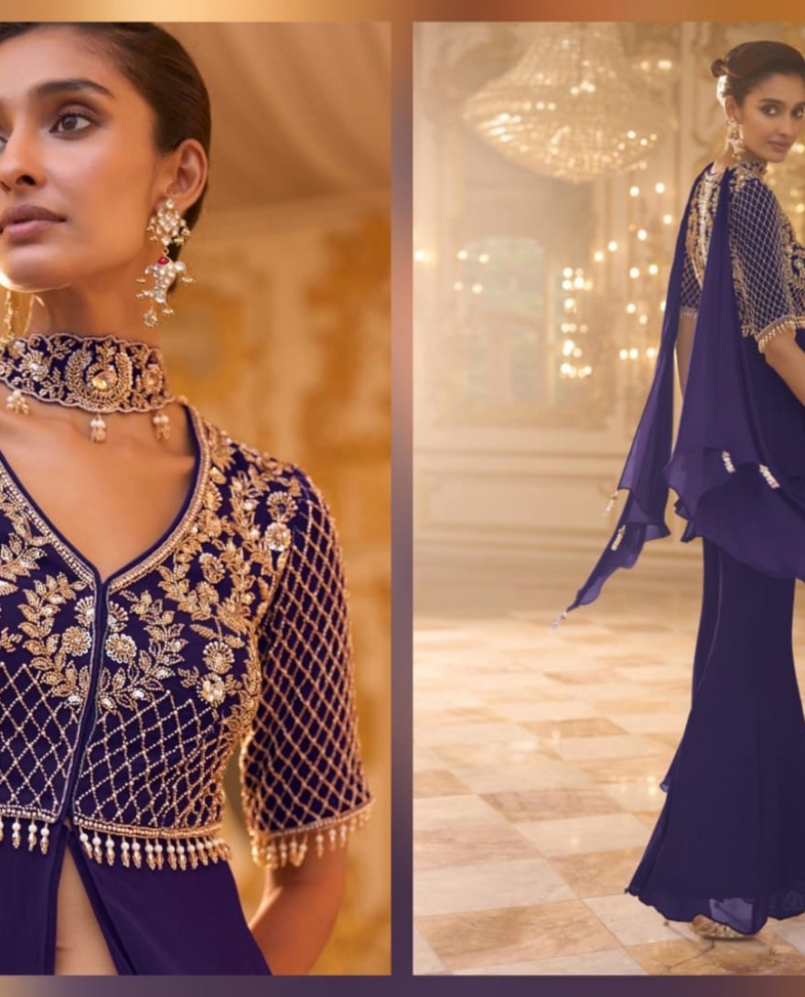 PURPLE - Purple Georgette Embroidered, Sequins and Zari Work Palazzo Salwar Suit for Ceremonial
