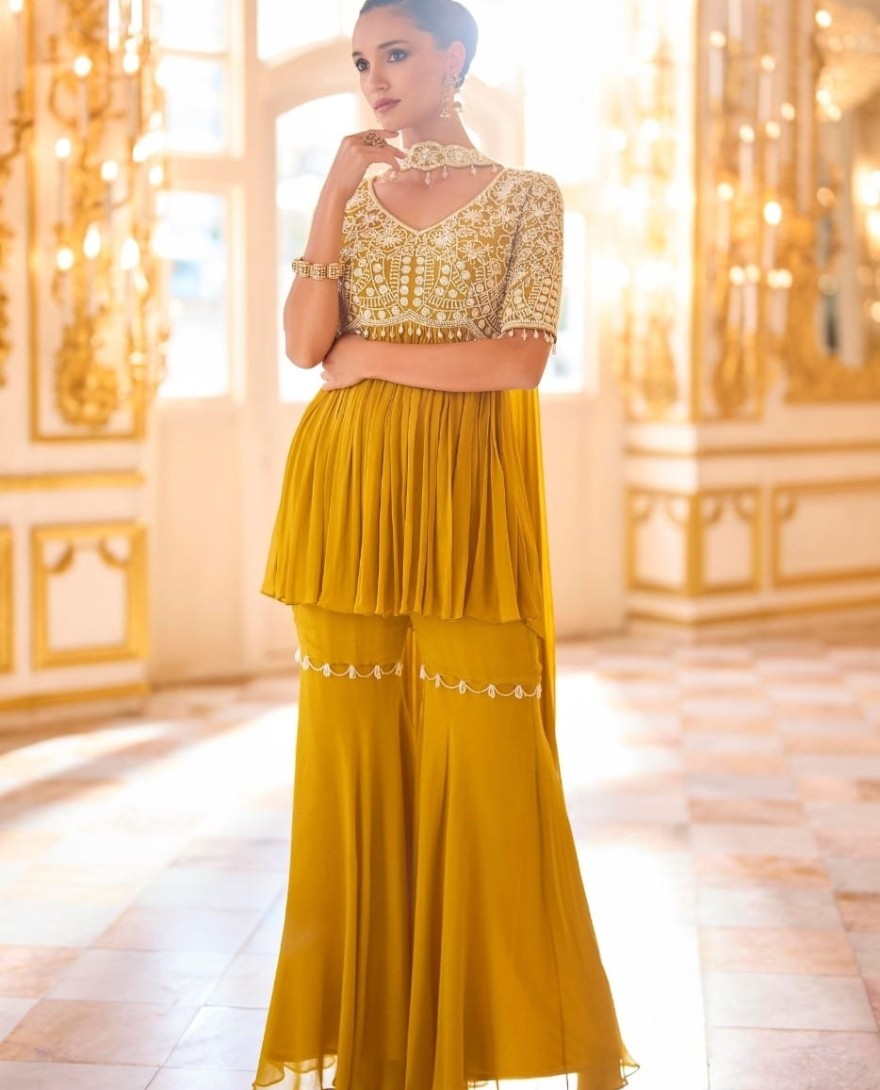 YELLOW - Mustard Chinon Ceremonial Readymade Salwar Suit with Embroidered and Sequins Work