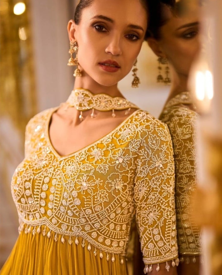 YELLOW - Mustard Chinon Ceremonial Readymade Salwar Suit with Embroidered and Sequins Work