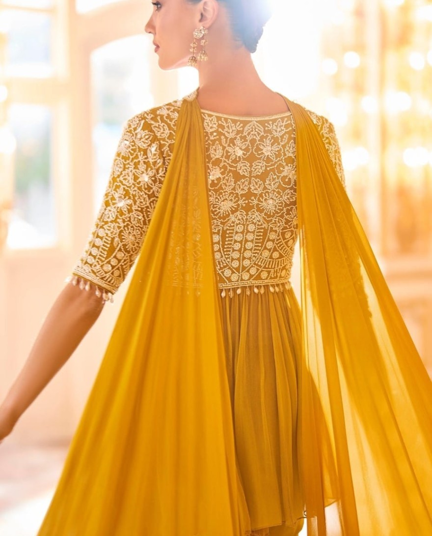 YELLOW - Mustard Chinon Ceremonial Readymade Salwar Suit with Embroidered and Sequins Work