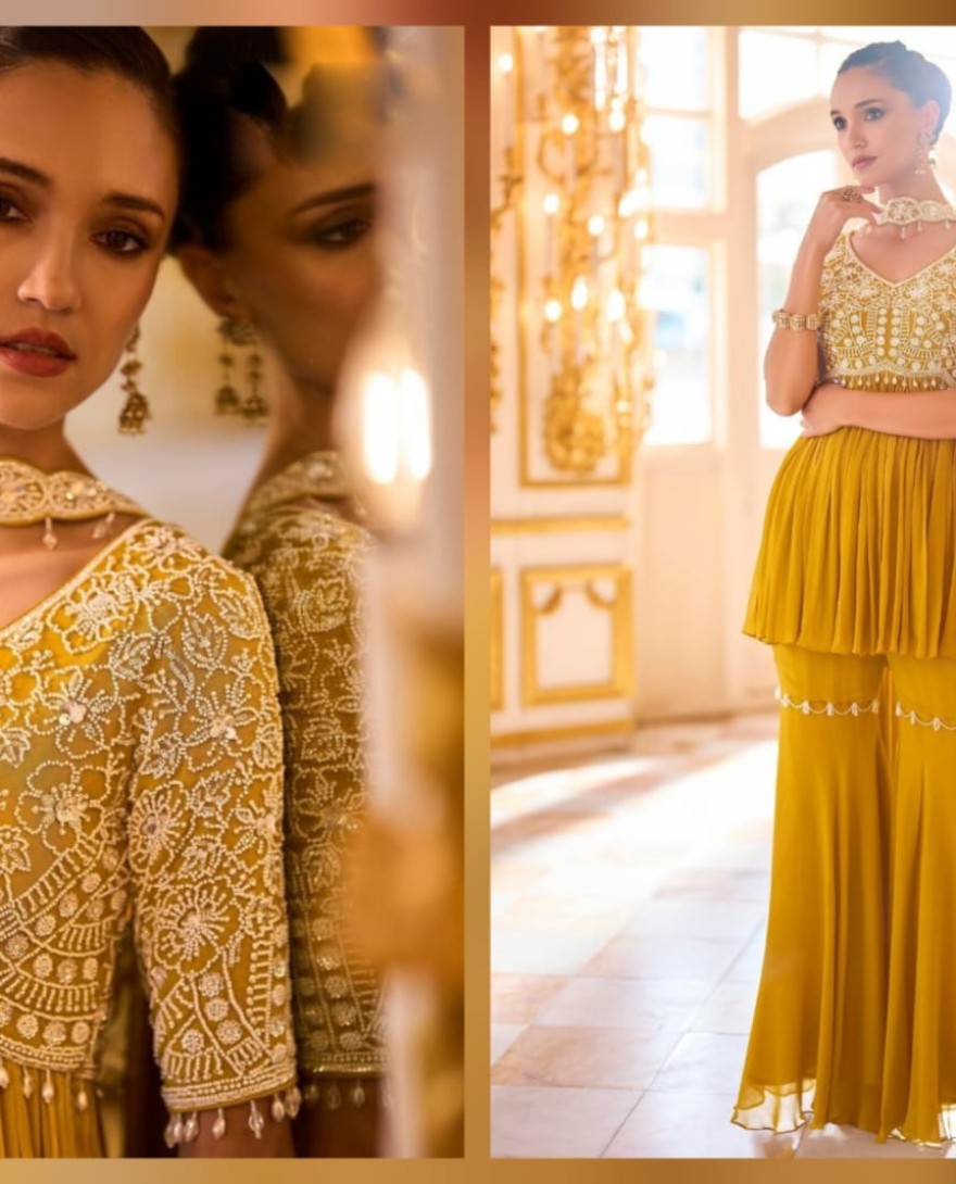 YELLOW - Mustard Chinon Ceremonial Readymade Salwar Suit with Embroidered and Sequins Work