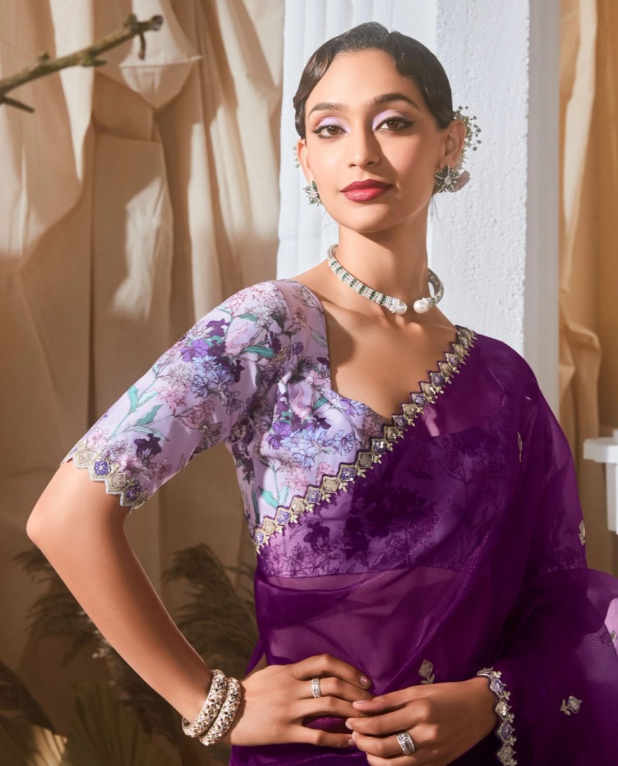 PURPLE - Fetching Purple Thread Work Organza Wedding Wear Saree With Blouse