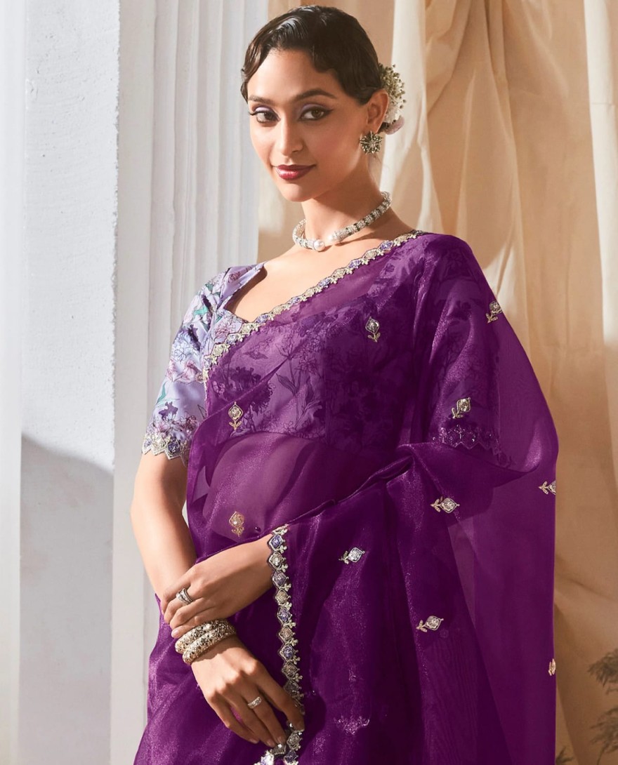 PURPLE - Fetching Purple Thread Work Organza Wedding Wear Saree With Blouse