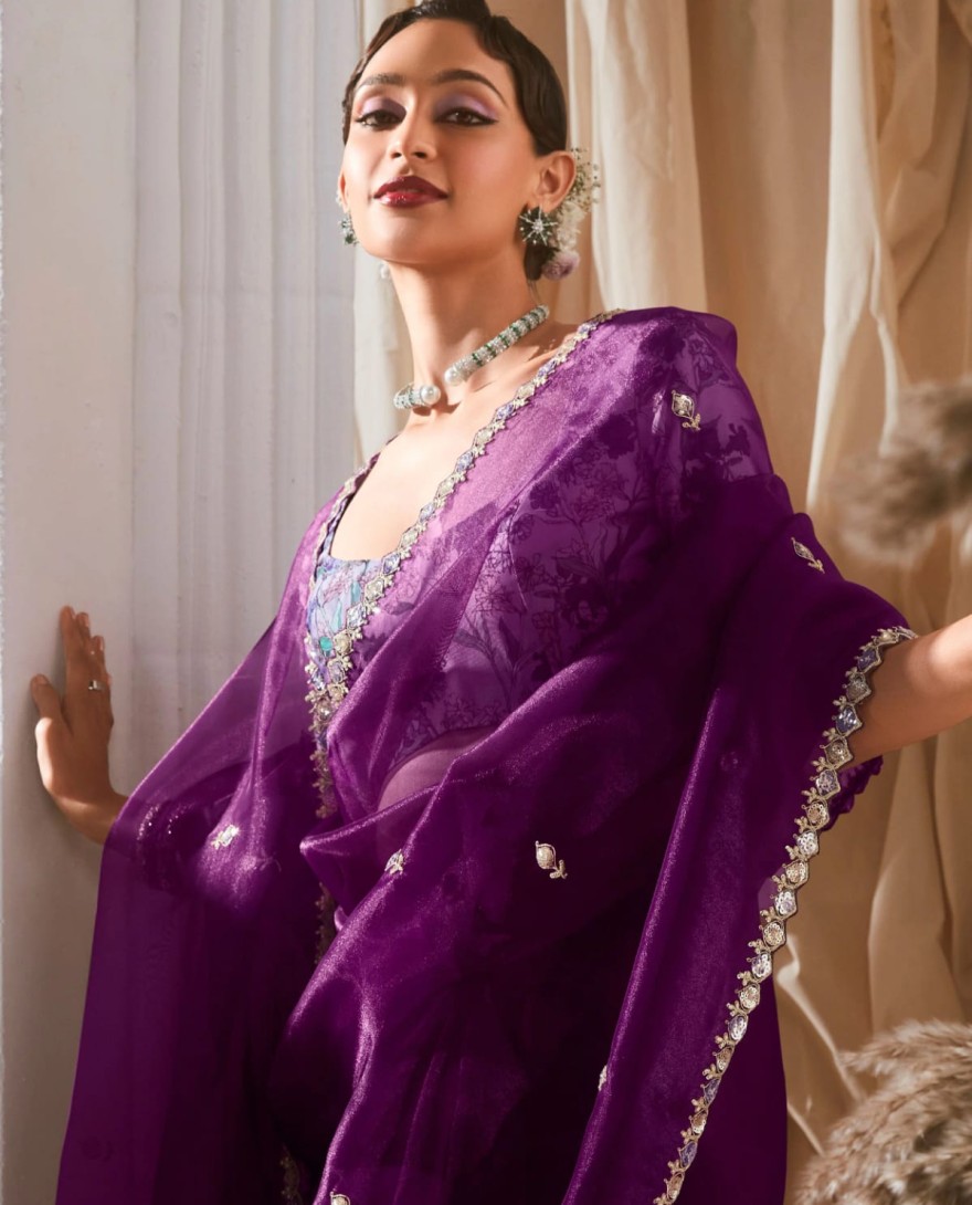PURPLE - Fetching Purple Thread Work Organza Wedding Wear Saree With Blouse