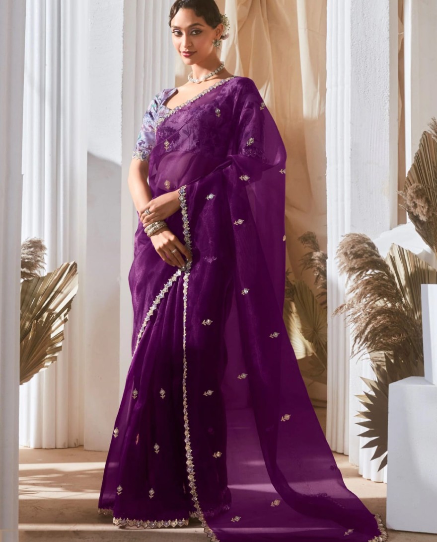 PURPLE - Fetching Purple Thread Work Organza Wedding Wear Saree With Blouse