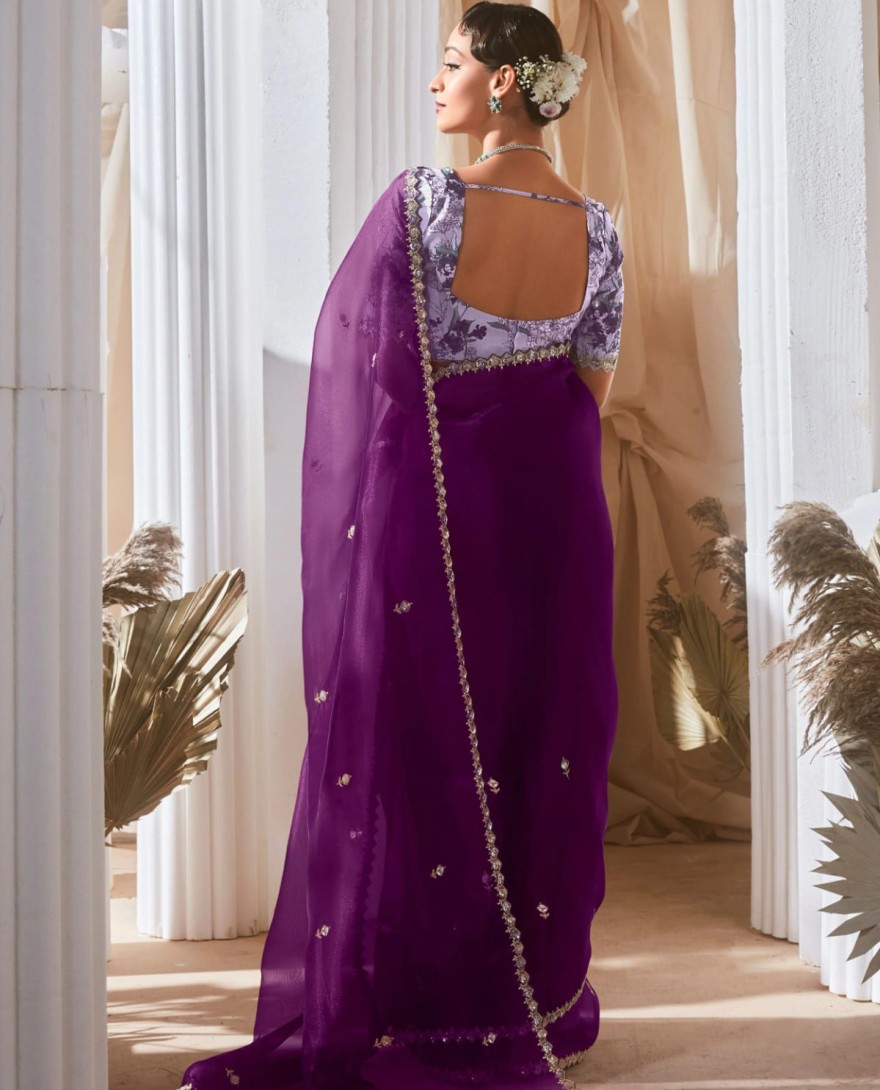 PURPLE - Fetching Purple Thread Work Organza Wedding Wear Saree With Blouse