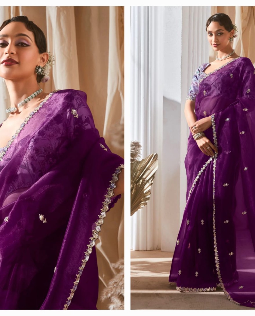 PURPLE - Fetching Purple Thread Work Organza Wedding Wear Saree With Blouse
