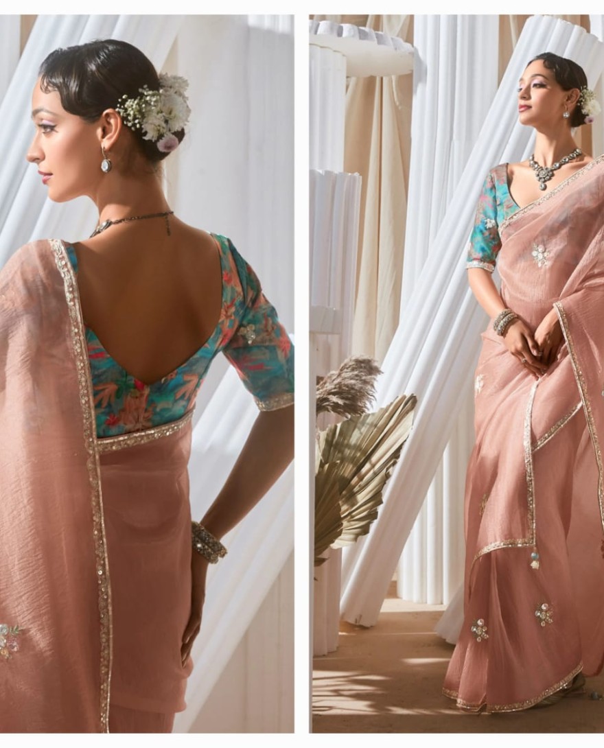 PEACH - Pretty Peach Sequins Work Organza Reception Wear Saree With Blouse