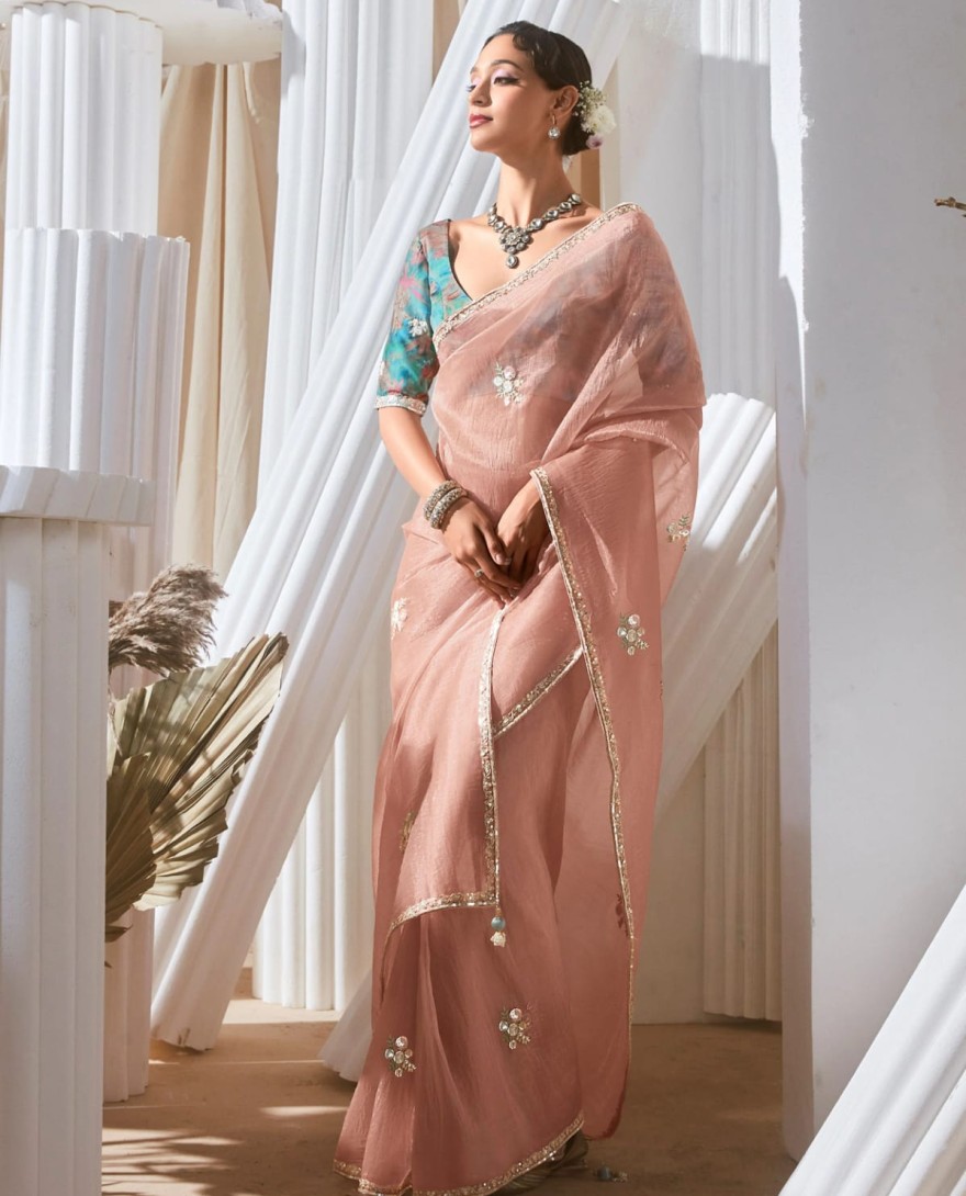 PEACH - Pretty Peach Sequins Work Organza Reception Wear Saree With Blouse