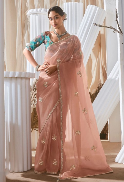 Pretty Peach Sequins Work Organza Reception Wear Saree With Blouse