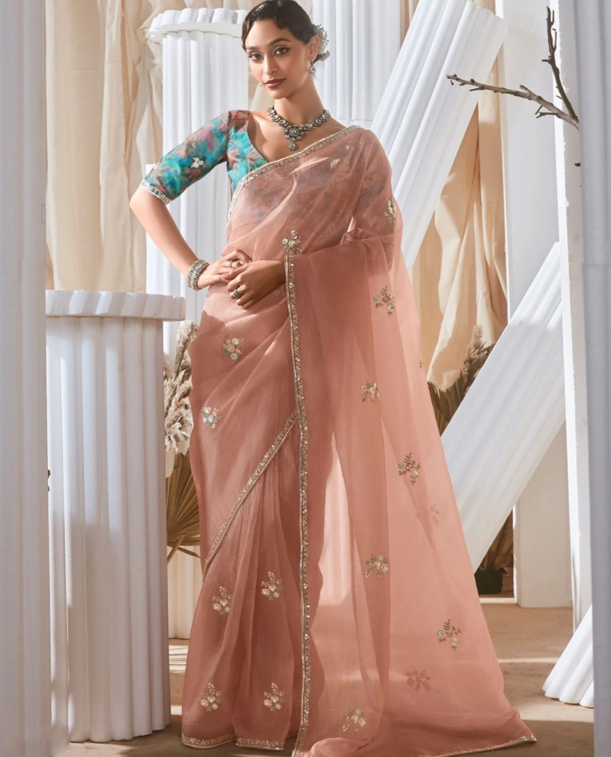 PEACH - Pretty Peach Sequins Work Organza Reception Wear Saree With Blouse