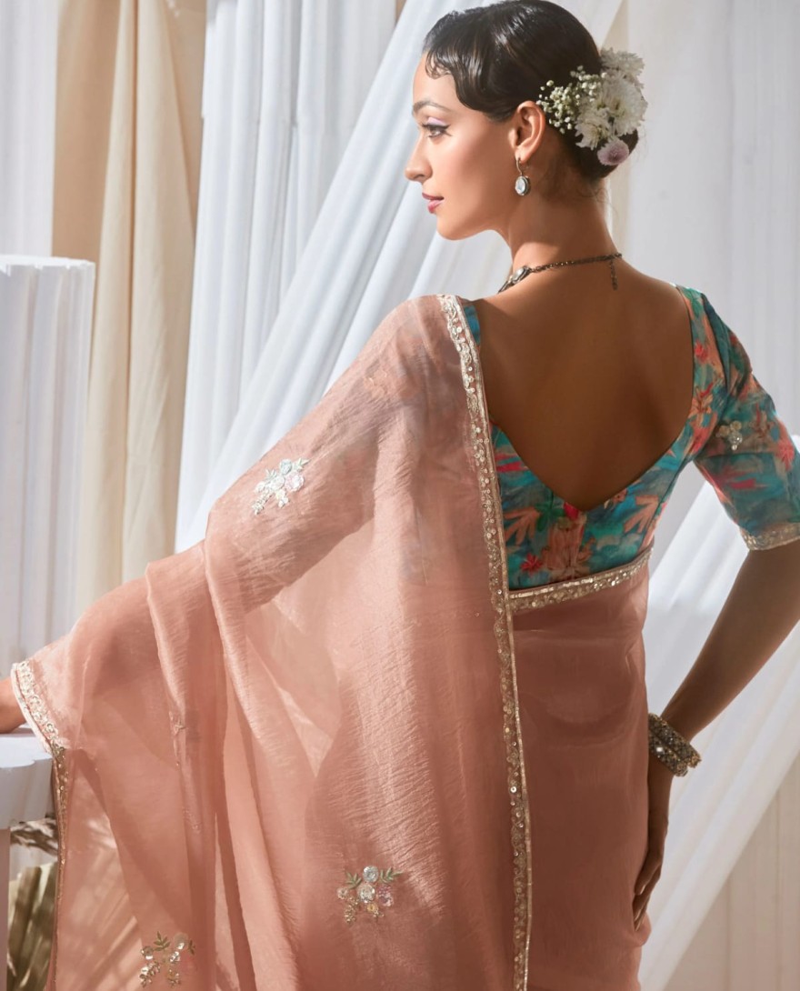 PEACH - Pretty Peach Sequins Work Organza Reception Wear Saree With Blouse