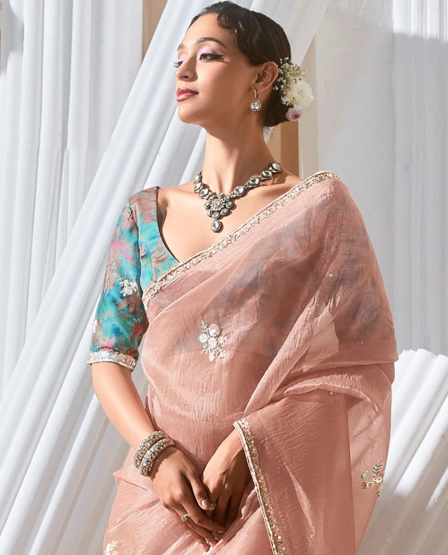 PEACH - Pretty Peach Sequins Work Organza Reception Wear Saree With Blouse