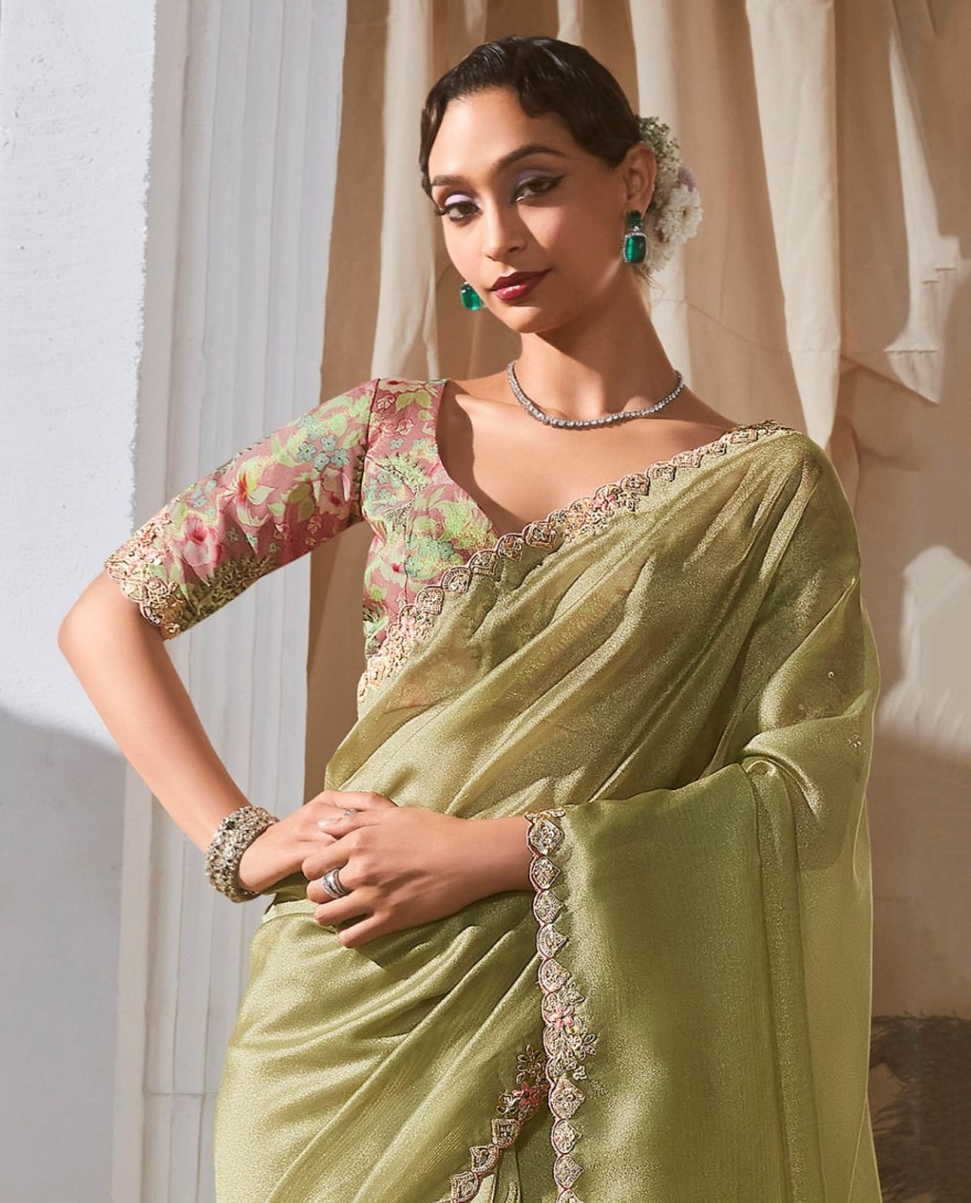 SEAGREEN - Delightful Sea Green Sequins Organza Mehendi Wear Saree With Blouse