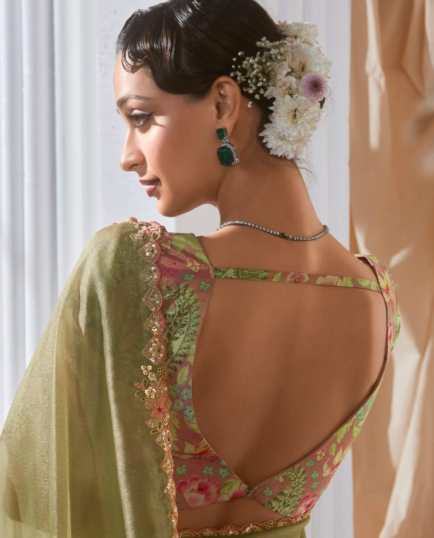 SEAGREEN - Delightful Sea Green Sequins Organza Mehendi Wear Saree With Blouse