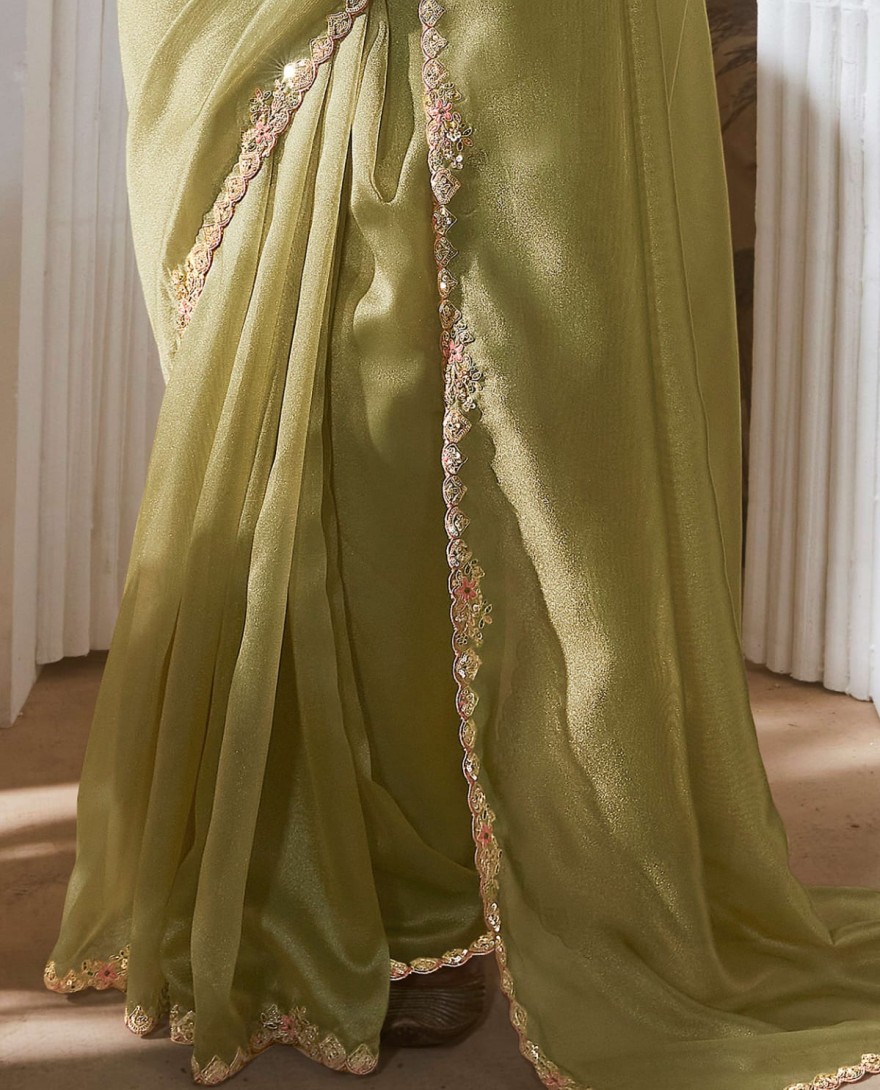 SEAGREEN - Delightful Sea Green Sequins Organza Mehendi Wear Saree With Blouse