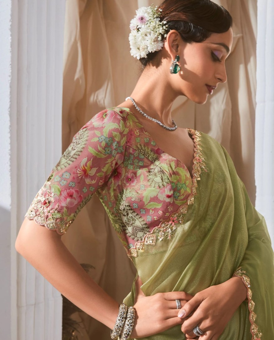 SEAGREEN - Delightful Sea Green Sequins Organza Mehendi Wear Saree With Blouse