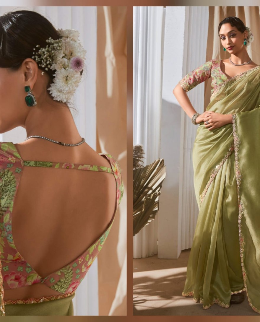 SEAGREEN - Delightful Sea Green Sequins Organza Mehendi Wear Saree With Blouse