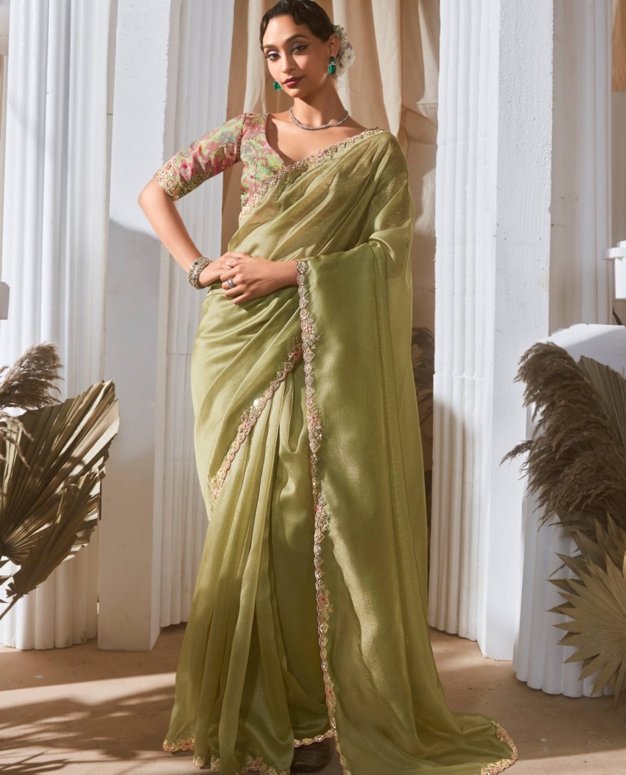 SEAGREEN - Delightful Sea Green Sequins Organza Mehendi Wear Saree With Blouse