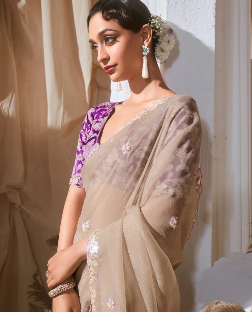 BEIGE - Winsome Beige Floral Embroidery Organza Festive Wear Saree With Blouse