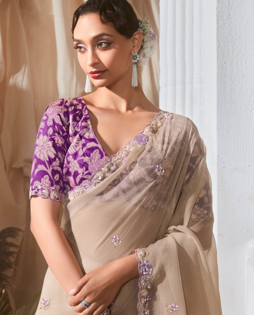 BEIGE - Winsome Beige Floral Embroidery Organza Festive Wear Saree With Blouse