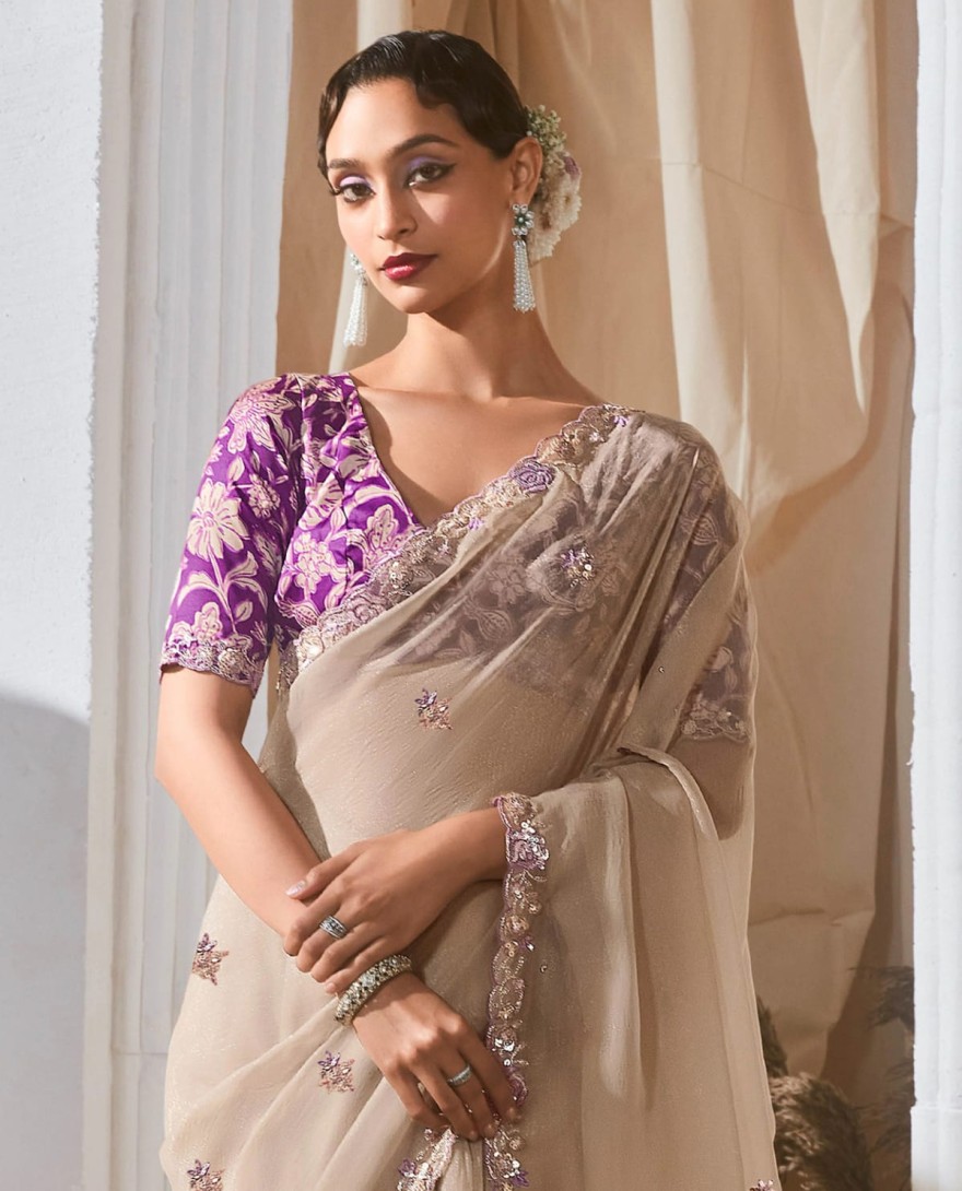 BEIGE - Winsome Beige Floral Embroidery Organza Festive Wear Saree With Blouse