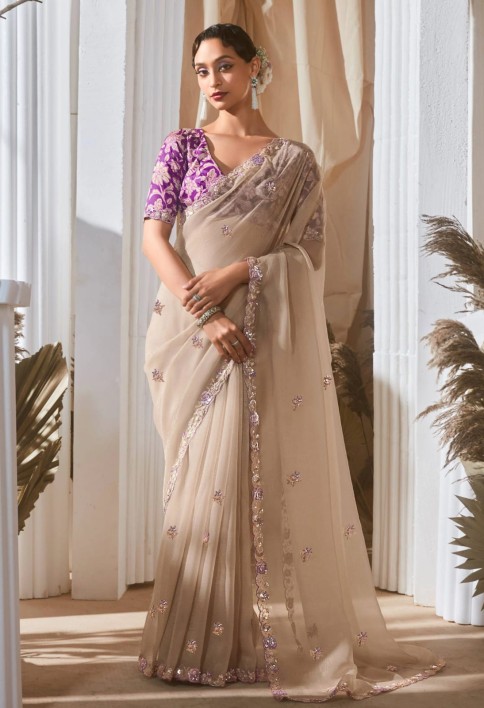 Winsome Beige Floral Embroidery Organza Festive Wear Saree With Blouse