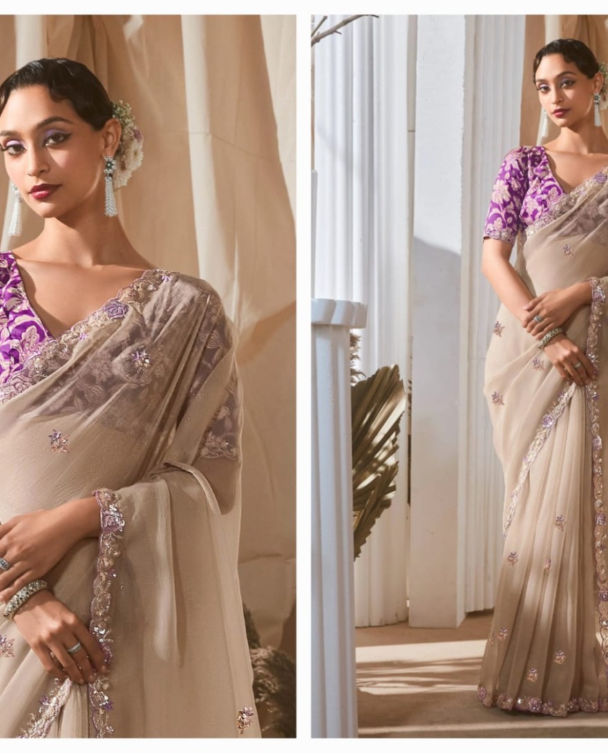 BEIGE - Winsome Beige Floral Embroidery Organza Festive Wear Saree With Blouse